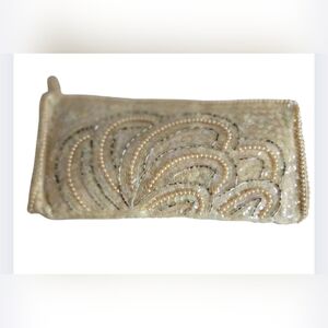 Vintage Ivory Beaded Floral Design  Clutch Purse Small Evening Bag 9"x 4"